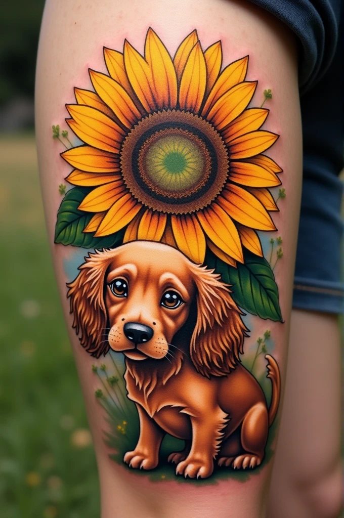Create me a tattoo that has a sunflower and a coquer dog