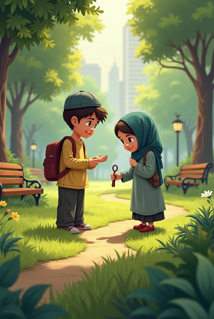The situation in a city park, there is a Muslim boy wearing a cap and a girl wearing a hijab looking for rare plants using a magnifying glass.