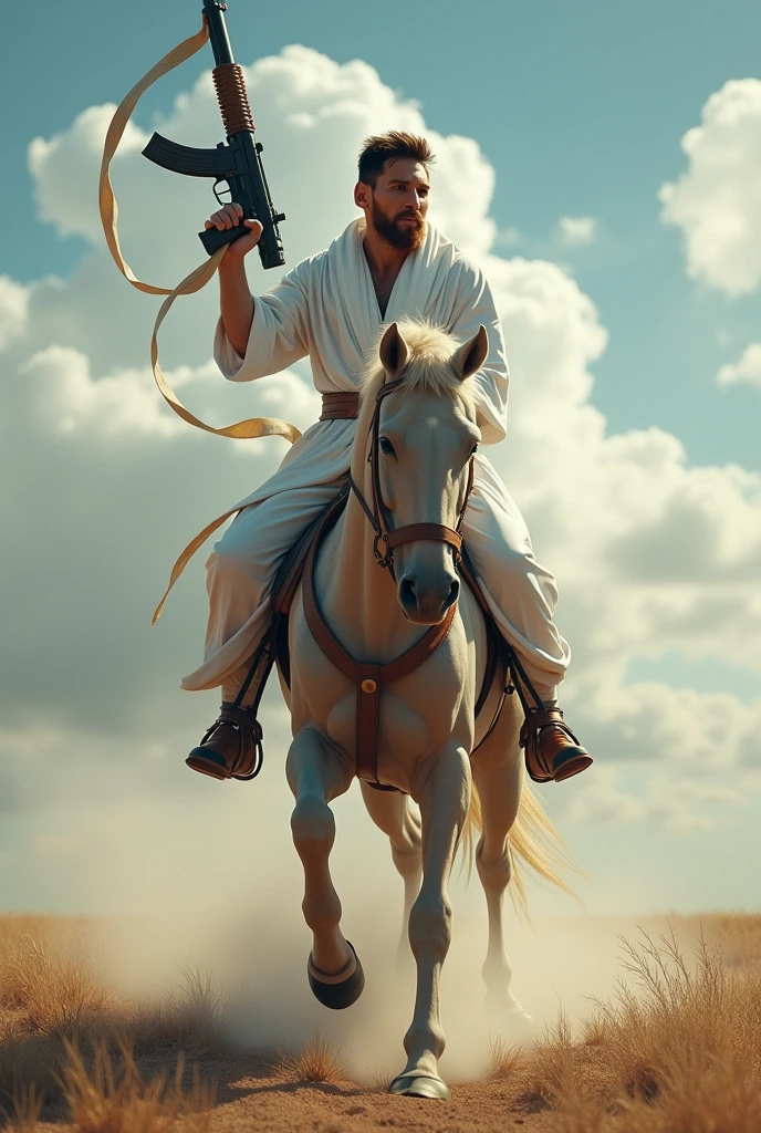 messi is driving a horse as a fighter with a gun wearing white dress.