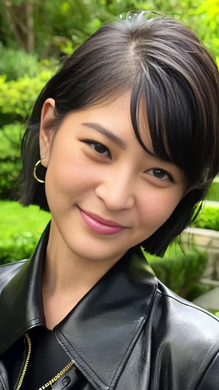 最high quality, 8k, Vibrant, Sharp focus, high quality, High resolution, Middle-aged women, Mature Woman, 5, (Whole Body Ezbian), (High heels face detail, Highly detailed eyes, Plump figure、Plump face、((big 1.6))、((Black leather clothing))、garden、Random Hairstyles、A kind smile、Very short hair、