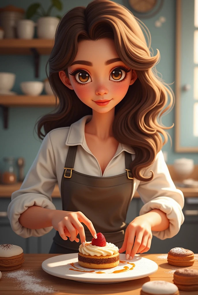 Pastry chef woman brown hair, light brown eyes and freckles