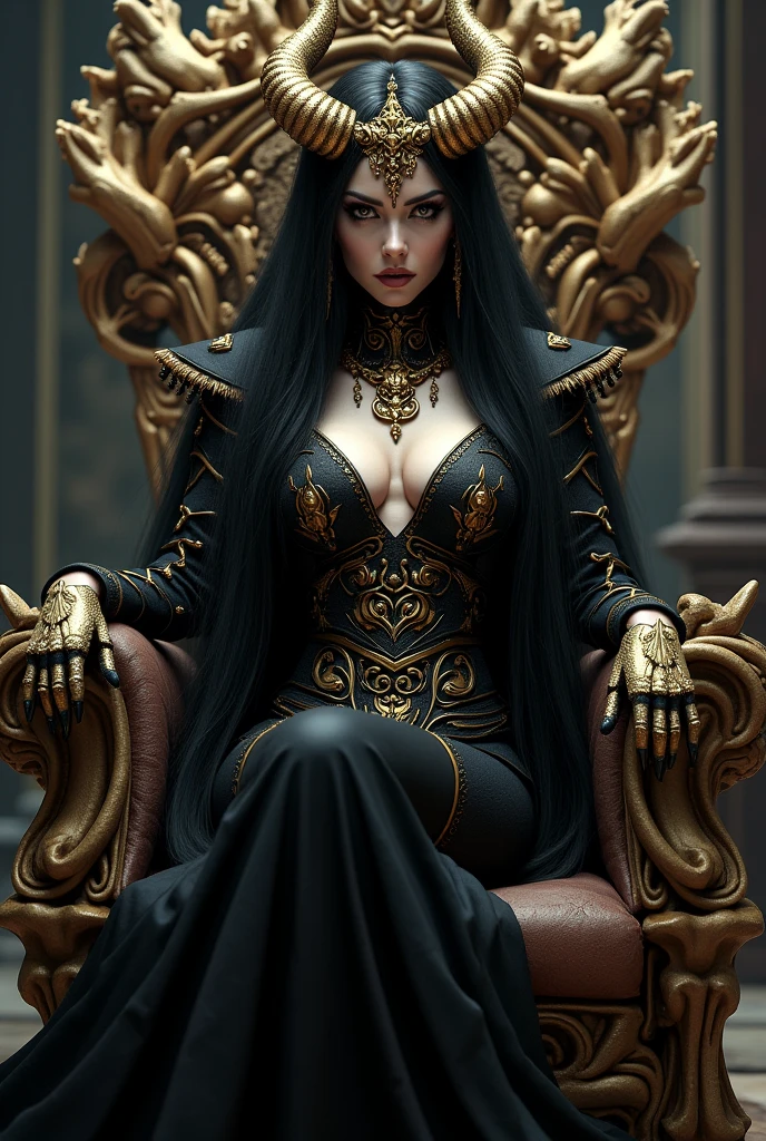 A Female Demon in black and gold colors and with the name beta on her chest sitting on a throne of bones