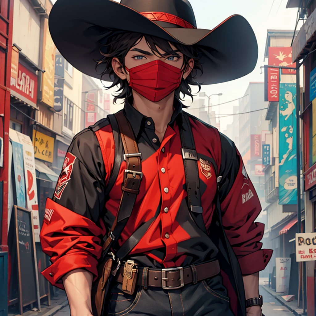 Loose guy with cowboy hat and red mask dressed in black