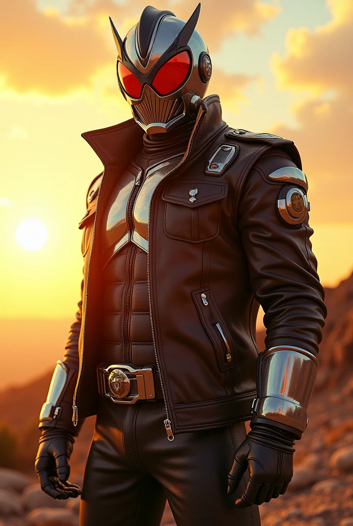 Kamen rider with leather jacket and warm sun colored glasses