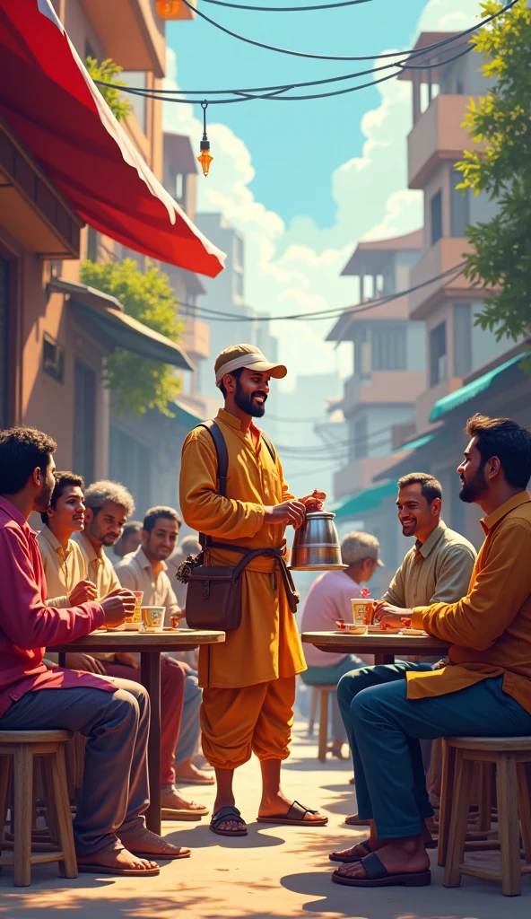 Viral anime in 4K quality in the style of digital illustration on the nook of a street in Noida, a chaiwala used to make tea every morning. His tea was not just tea, it was a cup of friendship. Here, from corporate employees to rickshaw pullers, everyone sat together and drank tea. Cartoon