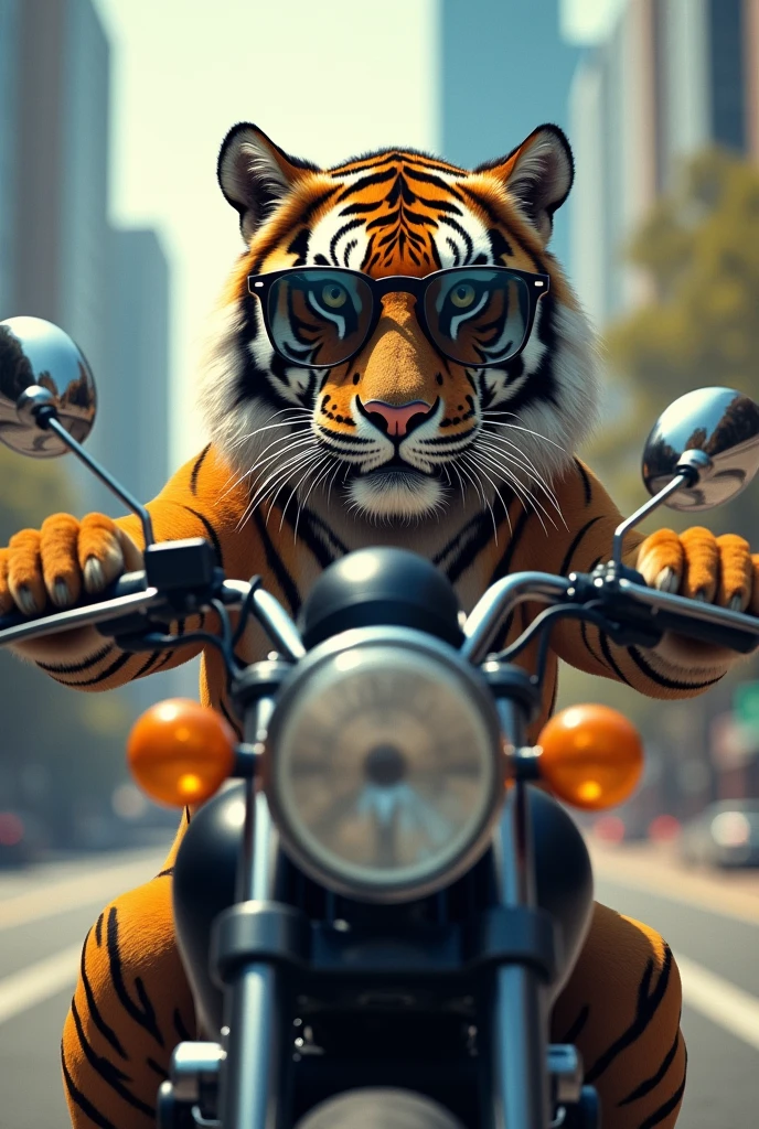 Tiger with glasses on a motorcycle