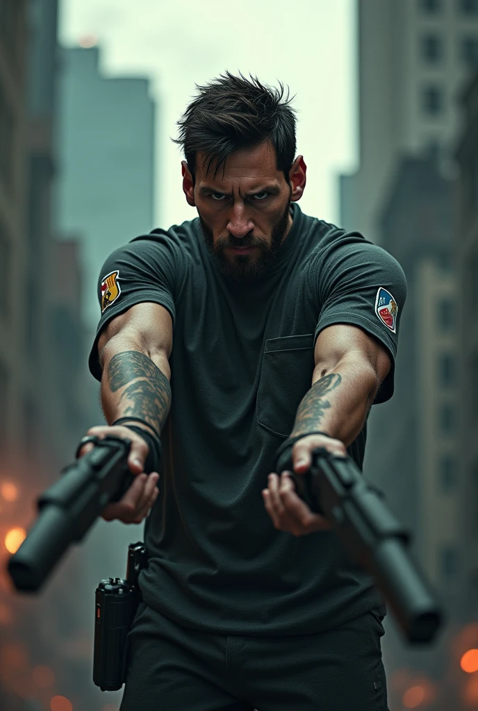 Messi as a fighter with 2 big gun in his hand