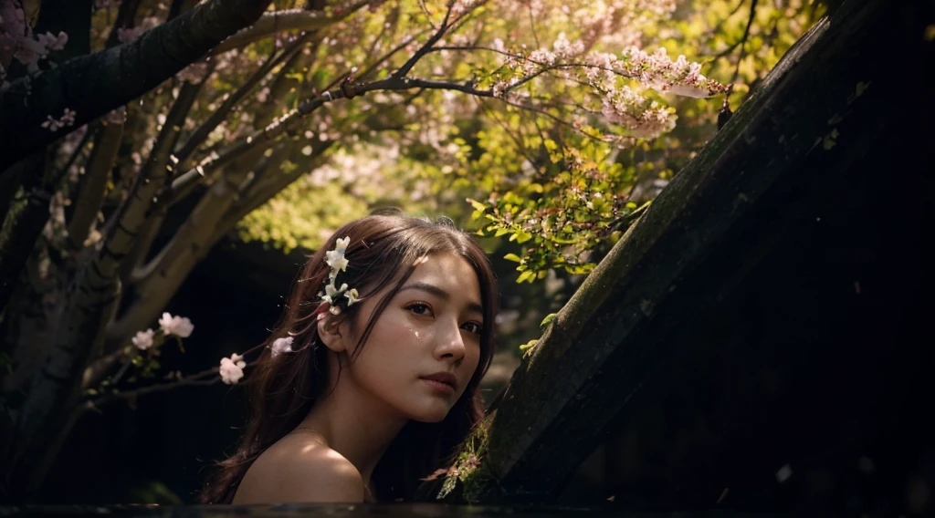 best quality, ultra haute résolution, (Photorealistic:1.4), 1fille, Kale, chest,pink nipples, Tour de cou noir, ssmile, Épaules Kalees, concentrate only, regarder le spectateur,peau claire,sun set,Cherry tree,photon maping, Physics-based rendering, photo brute, very detailed background,idole kpop,depth of field,torii,fleurs de Cherry tree,hair ornament,Detailed face,glistening skin,game cg,tout le corps,