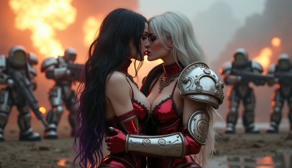 Full body pose sexy sisters of battle from the warhammer 40k, kissing and hugging, red space marine armor with intricate details, white space marine armor with intricate details, symbols on the armor, sisters of battle, warhammer 40k, Massive exposed silicone breast, pale skin, seductive, temptation, eat your soul, clevage, long white flowing hair, long black flowing hair with purple highlights, heavy gothic makeup, at night, neon, beautiful detailed eyes, beautiful detailed lips, extremely detailed eyes and face, long eyelashes, highly detailed space marine armor, intricate futuristic laser weaponry, dramatic lighting, cinematic composition, muted color palette, gritty and realistic, mecha, science fiction, hyper-detailed, photorealistic, award winning digital art, 8k, HDR, masters work, in the middle of a battle field, explosions and fire around, full war, stunning, Stilleto heels, high heels, full body pose, cinematic, movie trailer, nemesis, dust and debree, fanatic, religious, sisters of battle, warhammer 40k, bimbo gigantic exposed breast, kissing, stilleto heels, cinematic light, cameltoe pussy, beautiful pussy, wet pussy, wet body, oiled body, gigantic breast, dynamic super sexy dynamic pose, sisters of battle from the warhammer 40K, passionate kissing, seductive, one night stand, working as whores, award winning photo, worthy of oscars scene, spread legs, beautiful pussy, shaved pussy, exposed breast, wet pussy, passionate kiss