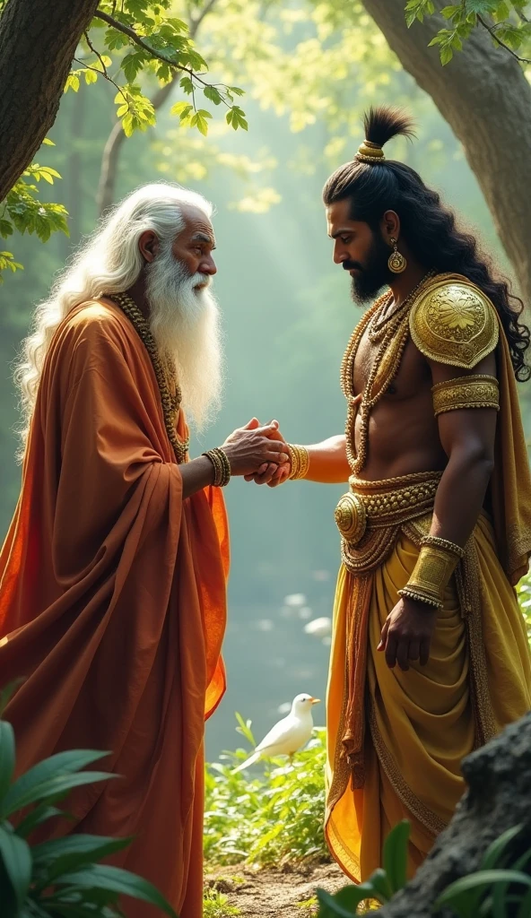 “Indra, the king of the gods, is disguised as an elderly Brahmin with a long white beard and simple robes. He stands in front of Karna, who is still in his warrior attire. Indra is gesturing towards Karna, requesting his golden armor and earrings. The setting is a serene, forested area, with birds in the background, emphasizing the divine nature of the meeting.”