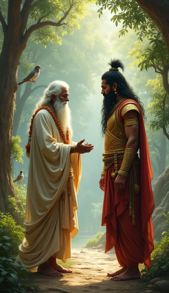 “Indra, the king of the gods, is disguised as an elderly Brahmin with a long white beard and simple robes. He stands in front of Karna, who is still in his warrior attire. Indra is gesturing towards Karna, requesting his golden armor and earrings. The setting is a serene, forested area, with birds in the background, emphasizing the divine nature of the meeting.”