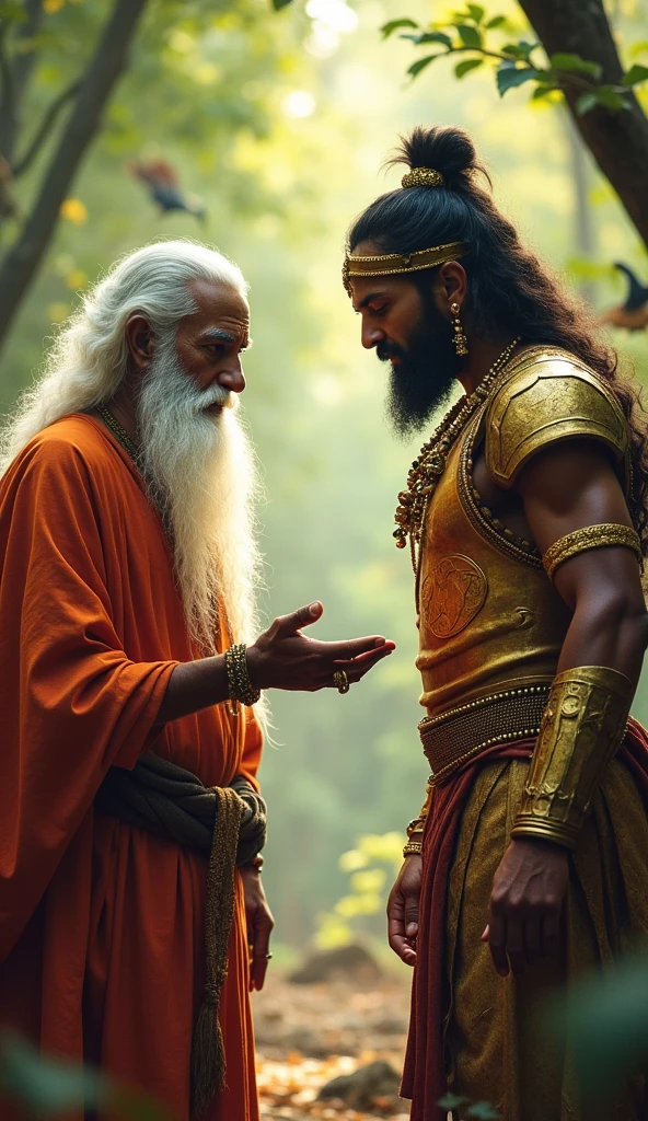 “Indra, the king of the gods, is disguised as an elderly Brahmin with a long white beard and simple robes. He stands in front of Karna, who is still in his warrior attire. Indra is gesturing towards Karna, requesting his golden armor and earrings. The setting is a serene, forested area, with birds in the background, emphasizing the divine nature of the meeting.”