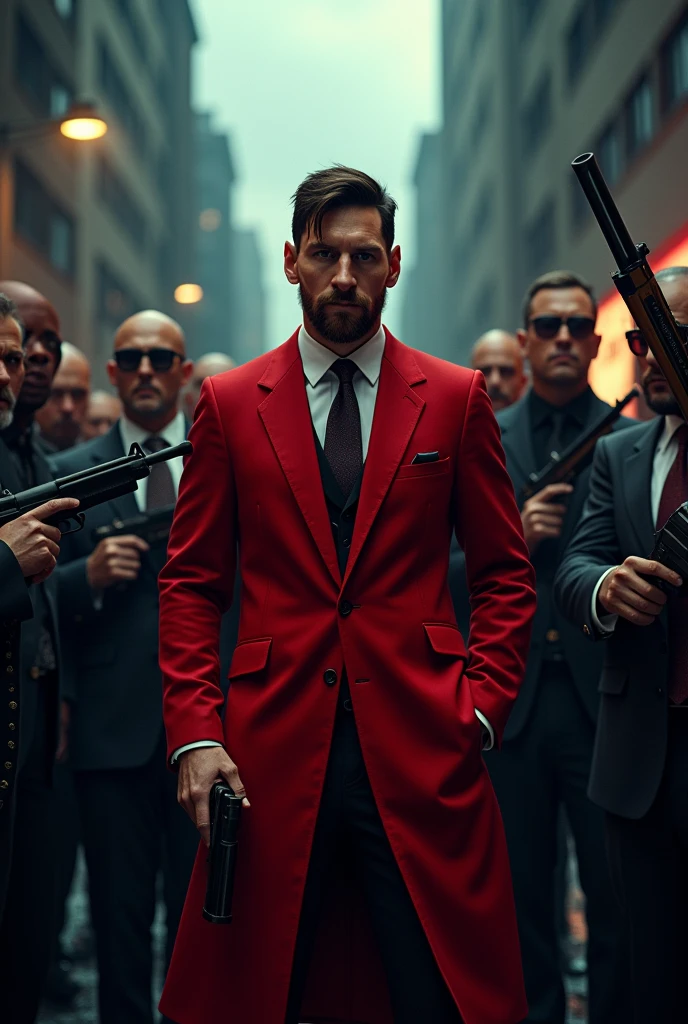 Messi is a gangster with many people and many guns in their hand wearing red dress