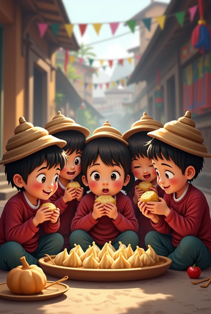 nepali small children eating momos wearing dhaka topi