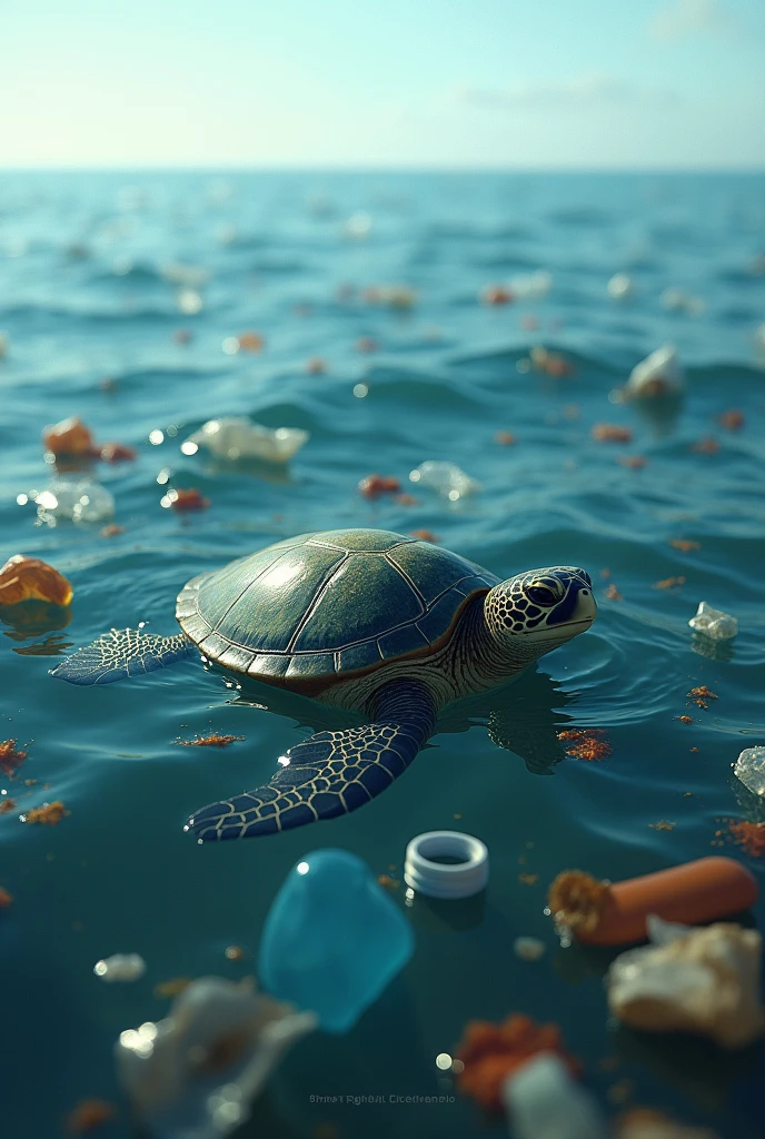 Sea fully with plastic bag and have a turtle