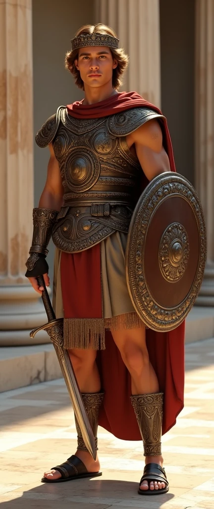 ((head band with  Rube Jeweled crown)), hold Greek small Sword and  Greek roundel shield, Front view , Full-body,  looking at viewer, sole, great of king, Alexander , Empire of Greek, standing pose,  stand on Mable floor,  in an ancient Greek Parthenon palace, 20 years-old, handsome,( wave perm , brown hair , Serious, Greek helmet  ), normal body,  ((An ancient Greek emperor wearing traditional imperial wear, body of leather armor and emboss of  Apron face , shoulder and arm protector , White crock)),  gorgeous sandal, noon　,(Textured skin , HI Detail Skin, (Shorthand, Canon, 8k, Anatomically correct, Super Detail, Attention to detail, Your Highness)