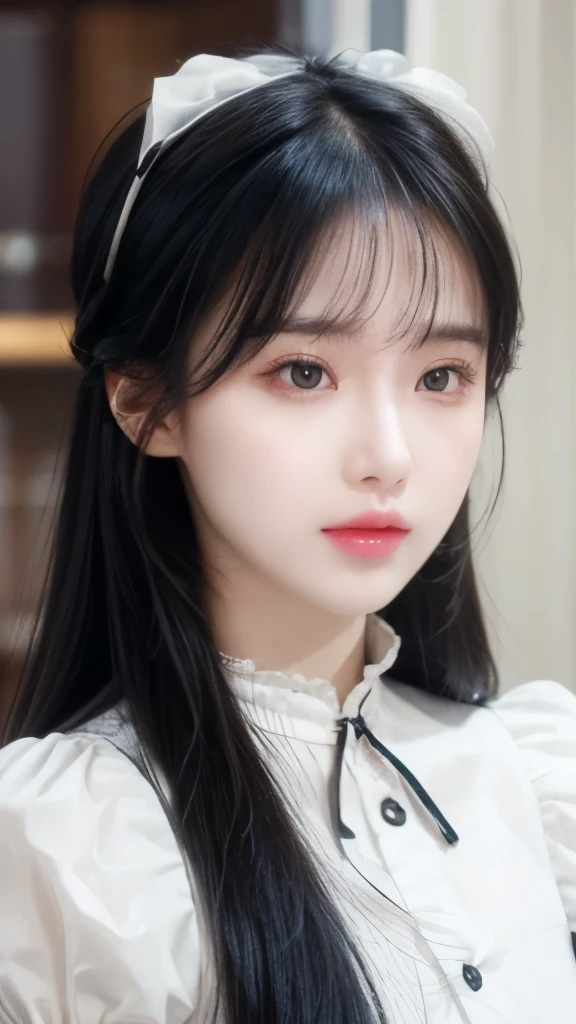 best quality, (Reality:1.2), 1 Girl, Solitary, Delicate face, Face Focus, permanent, Black Hair,(Hair accessories:1.35),Office female staff, Ribbon detail at sleeves, Separate sleeves, Ribbon trim, Wide sleeves, (Looking at the audience:1.5) Long hair, black eyes, Bangs, Lips,

