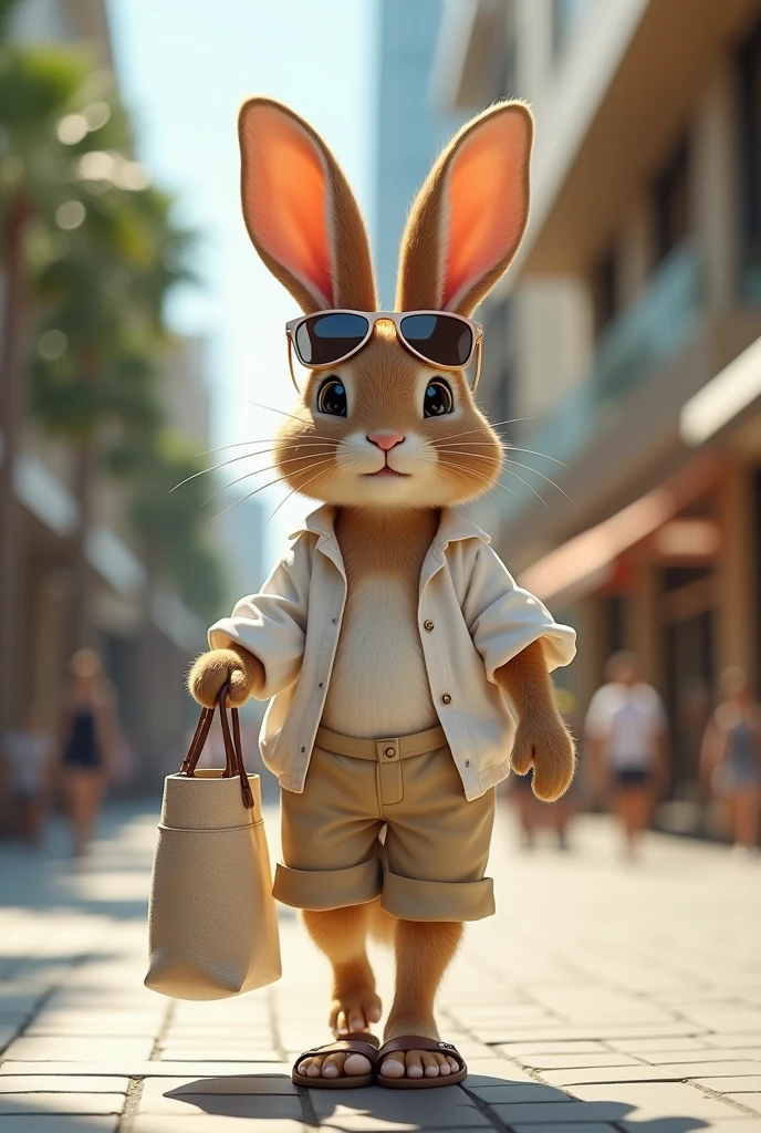 A relaxed tabby rabbit, with a soft smile, striding confidently in a light summer outfit. The rabbit is wearing a breezy white linen shirt, unbuttoned at the top, paired with comfortable beige shorts. Its paws are fitted with casual flip-flops, and a pair of stylish sunglasses rest atop its head. As the rabbit walks, a lightweight canvas tote bag swings from one paw, completing its laid-back summer look., walking down the street in the style of high-end fashion, with a shopping mall background in an anthropomorphic style. The photography is super realistic, with high resolution from a Canon camera and an 80mm lens, for best quality in ., Medium Long Shot, --ar 9:16 --sref https://s.mj.run/7uk2iL2o5vo --stylize 750 --v 6.1