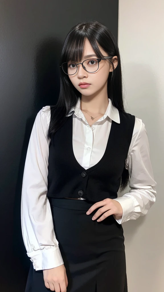 (Highest quality:1.5), (Real:1.4), (Ultra high definition:1.4), (No correction:1.4), (skinny Japanese woman with average size breasts standing front plain background in studio), (A woman wearing black-rimmed glasses), (Very small eyes), (breasts of average size), (Average height), (Bangs that hide eyebrows), (Long black hair), (Dark personality expression), (White long sleeve blouse), (Black vest), (Black flared skirt), (black hair woman is standing with black flared skirt and black vest over the white blouse front plain background in studio), (woman viewed from the front), (Plain background), (Cowboy Shot), (Cold expression), (upright), (A woman with long black hair and glasses), (Bangs that cover the eyebrows), (Sharp and tiny eyes)