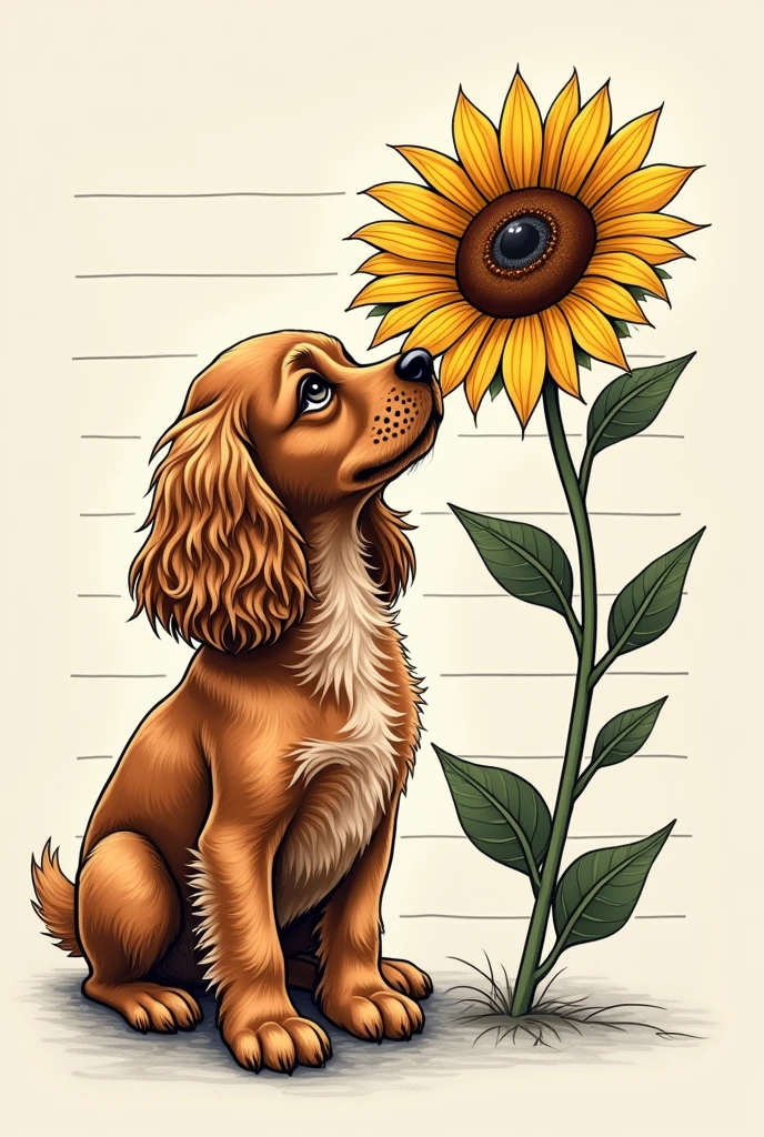 Create me a tattoo that has a coquer dog smelling a sunflower in lines