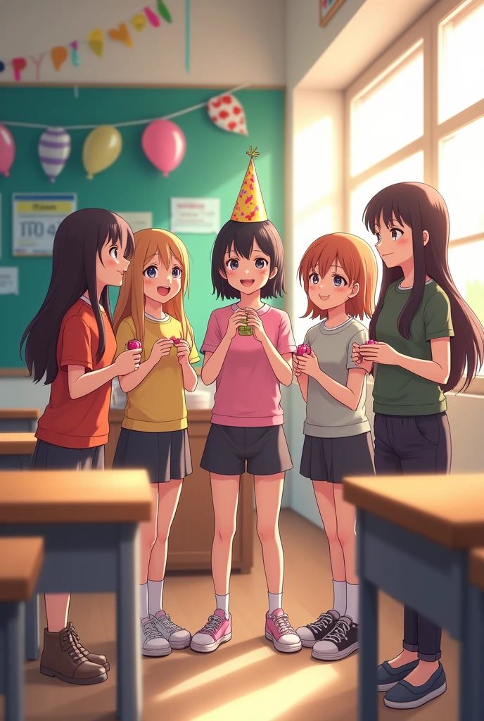 A birthday girl standing with 4-5 girls in side corner of classroom