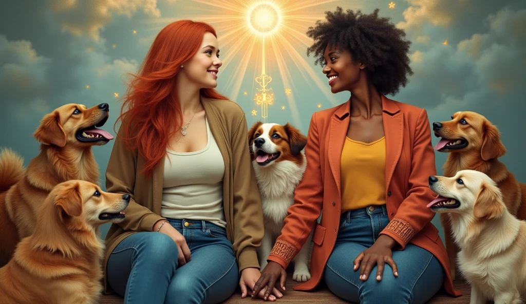 An almost identical reinterpretation of Michelangelo's painting Creation of Adam where the characters will be two women, a redhead and a dark-skinned brunette who look like friends and wear comfortable clothes. Around the characters there are several dogs of different breeds with a happy appearance..
Recreate the painting background with a contemporary touch.