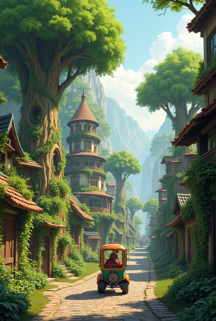 Make a city that has trees as houses and cars shaped like bicycles
