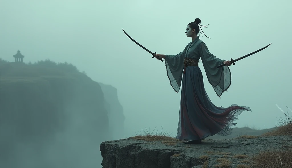 Top quality, masterpiece, oriental shaman dancing with swords, cliff background, holding swords in both hands, wearing oriental traditional shaman costume, detailed image texture, creepy, horror, creepy atmosphere (not AI image), cloudy weather, low color image, creepy, image from a distance, delicate skin expression, shaman with white heavy makeup, holding sword