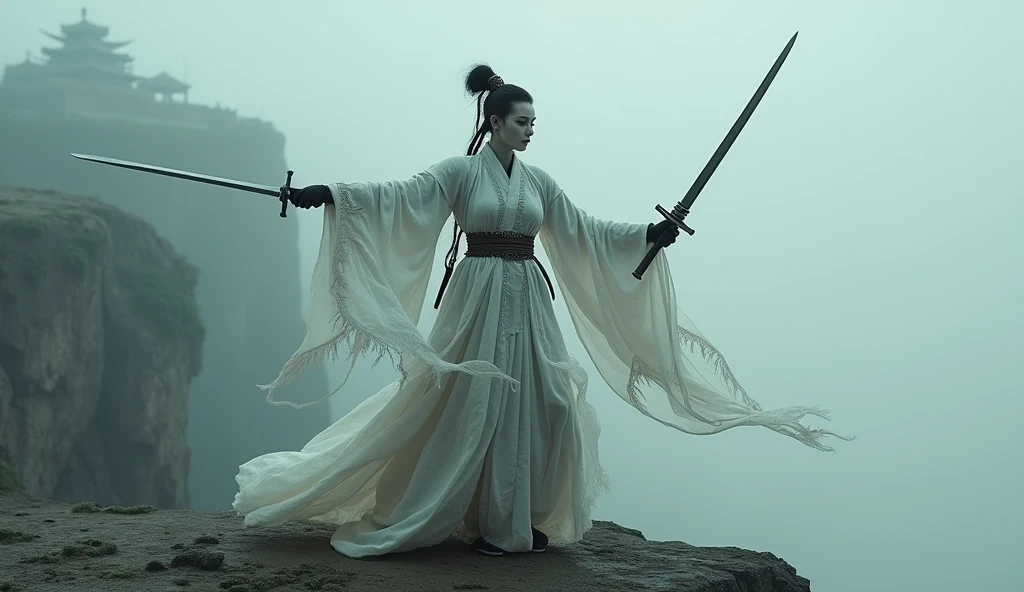 Top quality, masterpiece, oriental shaman dancing with swords, cliff background, holding swords in both hands, wearing oriental traditional shaman costume, detailed image texture, creepy, horror, creepy atmosphere (not AI image), cloudy weather, low color image, creepy, image from a distance, delicate skin expression, shaman with white heavy makeup, holding sword
