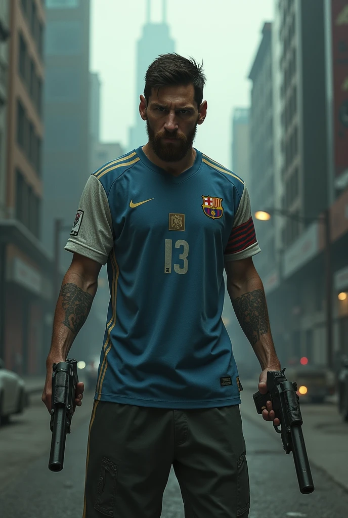 Messi as a fighter with 2 big gun in his hand