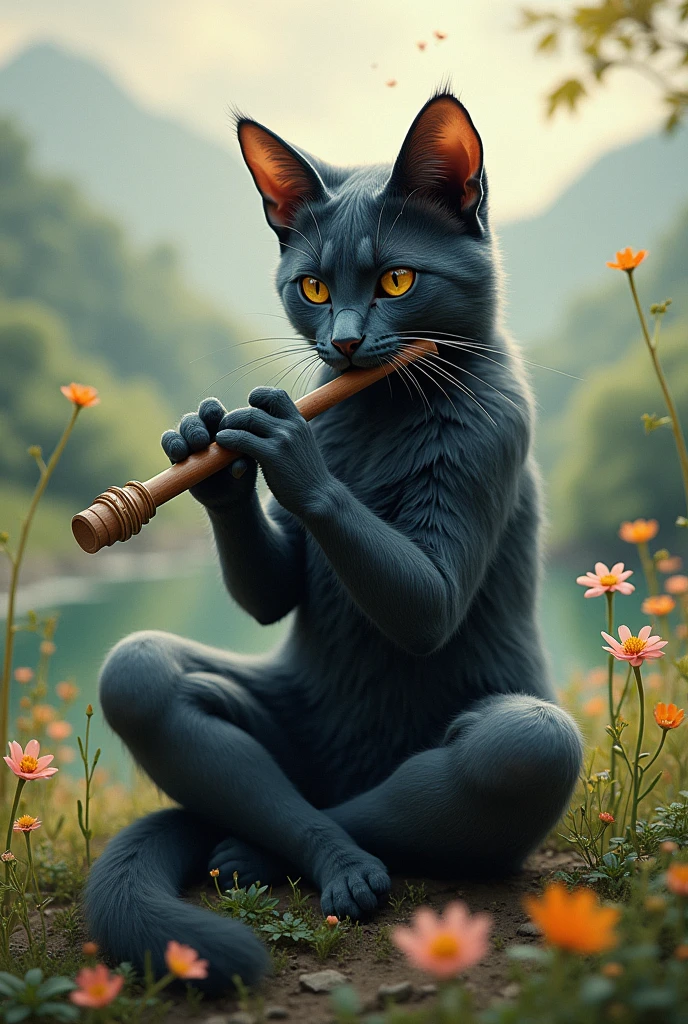 Lord krishna but as a cat with reading flute