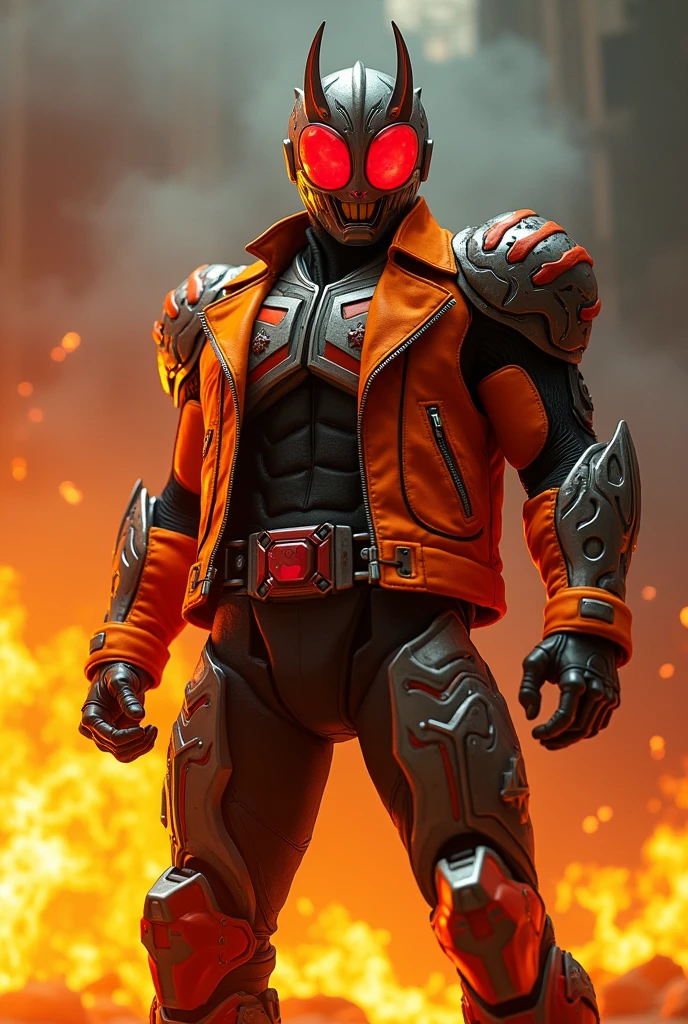 Kamen rider with orange leather jacket and fire flames