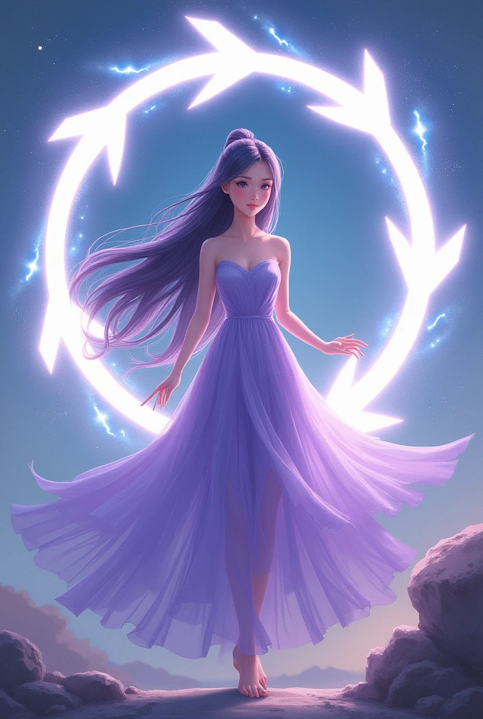 anime girl with long hair and a purple dress standing in a circle of white arrows, bo xun ling, a beautiful artwork illustration, beautiful young wind spirit, with magical powers, by Li Song, affable ， wenjun lin, by Ye Xin, slicing the air. pop surrealism, by Zeen Chin, by Li Zai, by Tosa Mitsuoki