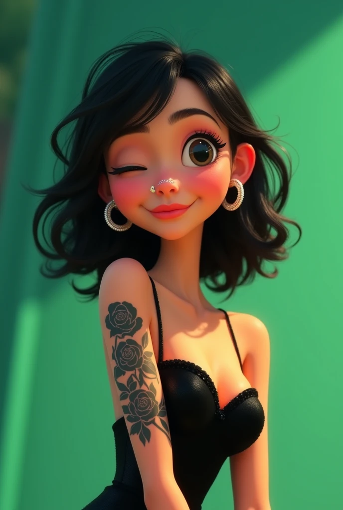 A Pixar-like animation of a girl with medium-length black hair, White skin with a dot piercing on her left side nose with big earrings in her ears posing in evening wear winking with her left eye with a tattoo with many black roses on her left arm on a completely green background