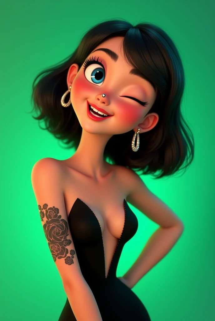 A Pixar-like animation of a girl with medium-length black hair, White skin with a dot piercing on her left side nose with big earrings in her ears posing in evening wear winking with her left eye with a tattoo with many black roses on her left arm on a completely green background