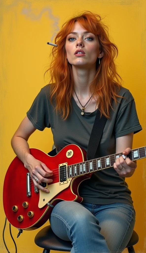 charcoal sketch on yellow grange paper, ginger woman with blue eyes holding a red electric guitar and puffing on cigarette, sitting on chair in recording studio, wearing t-shirt, playing Gibson Les Paul guitar, scruffy look, cheeky grin shot on Sony A7S III, f/ 9. 0, 1/ 500, sharp focus 64k unsaturated, masterpiece, best quality cinematic Sony A7S III, shallow depth of field, 100mm f/2.4, natural light, cinematic, widescreen aspect ratio, Cinematic Dramatic, inside epic pla