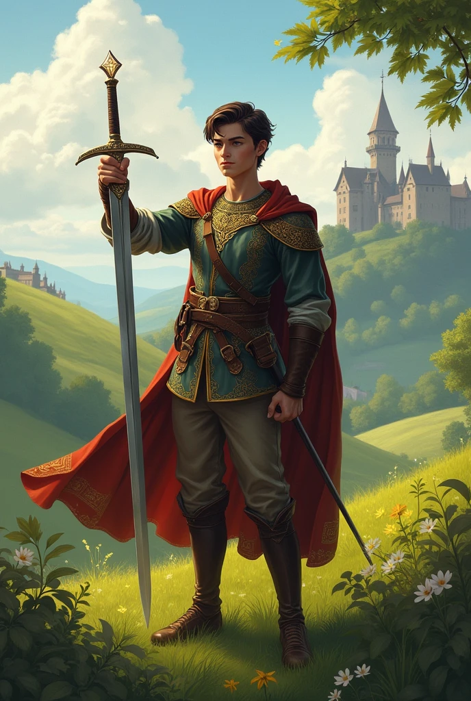 Young man in medieval clothes and a sword with a diamond on the tip