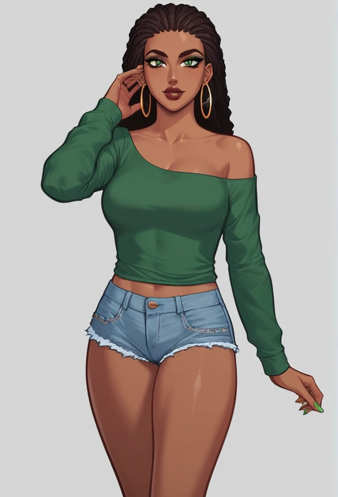 African black woman, de 18 anos, greeneyes, wearing a green top, short shorts. defined body. defined abdomen.