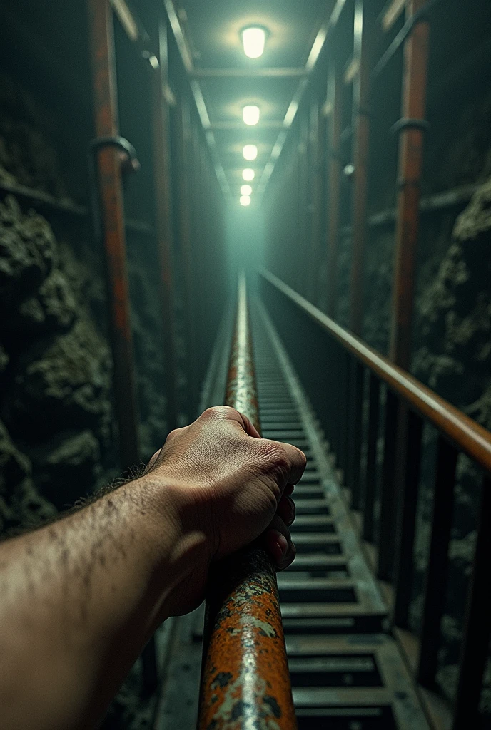 Underground mine first person view showing only one arm using an old elevator, the doors open you can go out