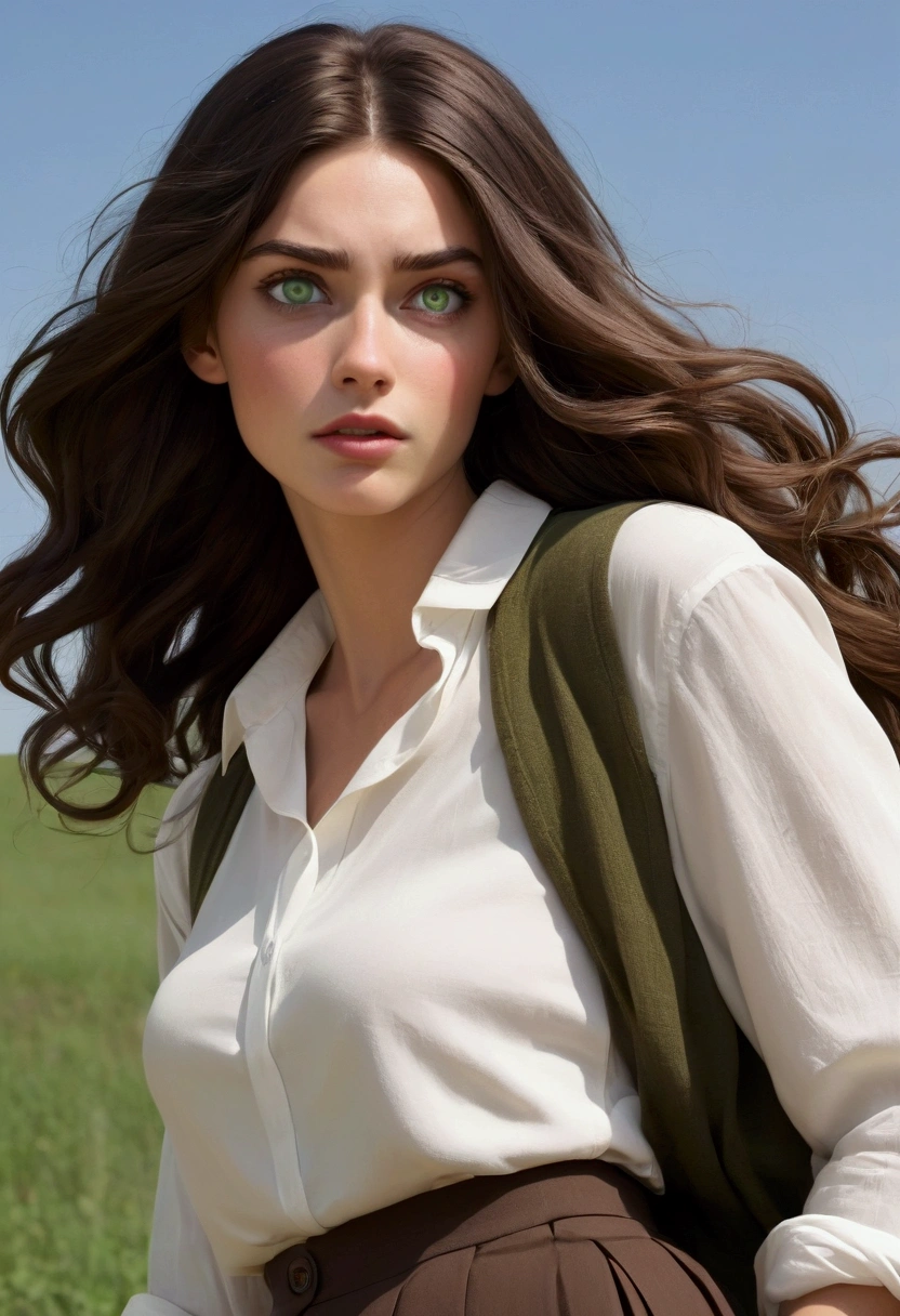 Create an image, in the style of drawing for book cover, of a young woman of about twenty-three years old with long hair, brown in color and wavy, green eyes and white skin, she must be in the arms of a man both with a slightly surprised expression, as if she had fallen and he had caught her before it happened. This man must look young too, with white skin and black hair, he must be tall and have an athletic body, broad shoulders and steady hands. Your face should be masculine with strong eyebrows and dark eyes.. Men's hair should be slightly wavy, almost smooth and black in color. She should be wearing a black pleated skirt above the knees with an ivory colored button-down long sleeve blouse., over the shirt she must be wearing a brown sleeveless sweater and tractor moccasin shoes, and he must be wearing a white button-down shirt tucked into his black pants, his shirt sleeves should be rolled up to about the elbow and a brown oxford dress shoe. The image should convey a youthful and fun air., She must look like a clumsy young lady and he must look like a firm and sarcastic man.