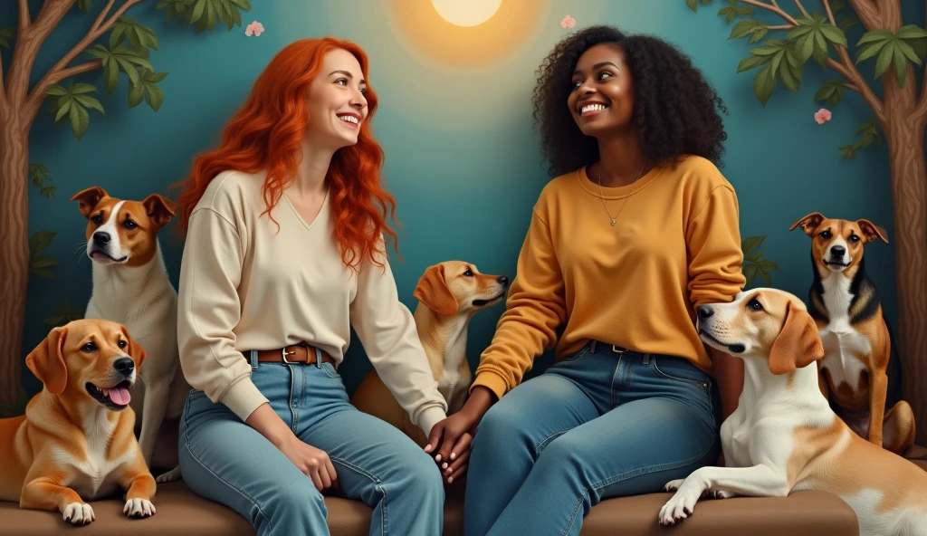 An almost identical reinterpretation of Michelangelo's painting Creation of Adam where the characters will be two women, a redhead and a dark-skinned brunette who look like friends and wear comfortable clothes. Around the characters there are several dogs of different breeds with a happy appearance..
Recreate the painting background with a contemporary touch.
