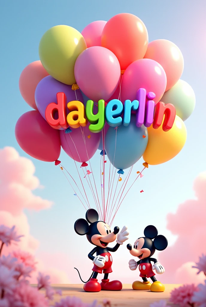 Colorful balloons with the text Dayerlin in rainbow-colored letters and a small Mickey Mouse on the right side below 