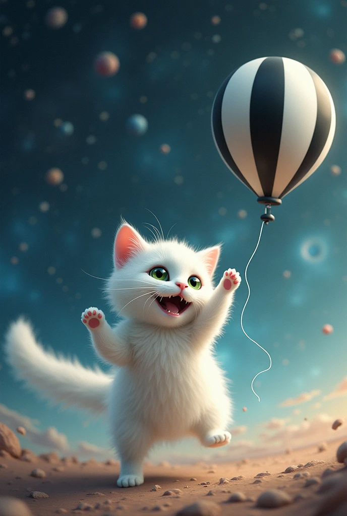 White cat, black and white, space, balloon, playing