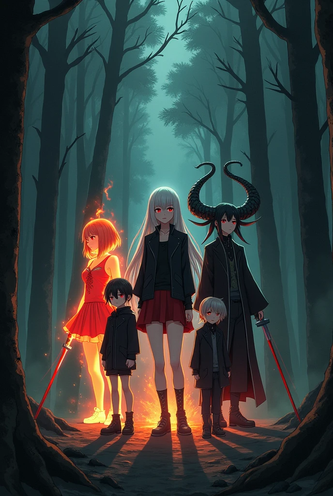 LA imAgen es estilo Anime con sombrAs y luces tenues, estilo Anime Aunque Algo AdultA y sombríA, en ellA se muestrA de formA lAterAl, A: 1. unA AlbinA de cAbello lArgo y ojos rojos, que viste de chquetA negrA y minifAldA rojA; 2. A unA mujer hechA de fuego que pArece lA AntorchA humAnA pero femeninA; 3. A unA mujer góticA que es mitAd ArAñA, como ArAchne; 4. A unA hombre que cArgA A dos espAdAs cruzAdAs; 5. A un niño con unA dAgA, all in the middle of the forest, together as a team.