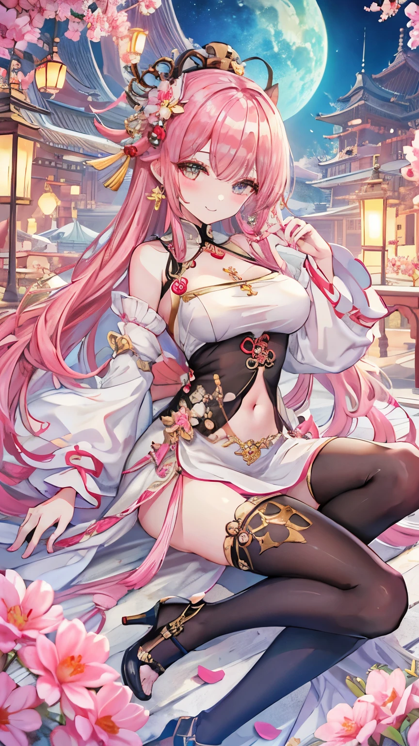 masterpiece、best quality、Very detailed、1 girl、Light pink hair、Fluffy and soft long hair、Star-studded eyes、Large target 、cleveage、China costume、Ribbon、Ruffles、belly button、China Fantasy Town、earrings、Necklace、Chinese hair accessories、Shining City、lanthanum、Smile ,Fox Girl,巨Large target乳房,High heel