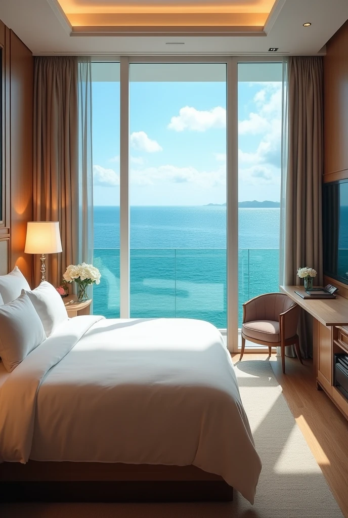 Create a deluxe skyline room over viewing the vast seewith ambiance, king size bed, and a balcony,, mini bars, tables and tv sets with a bathroom