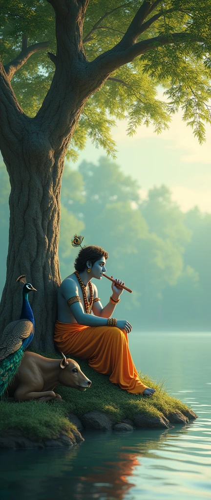 Krishna waiting waiting for Radha in the river side sitting on the middle of the
tree and sleep with
cow and peacock by playing flute
Only genrate the photo