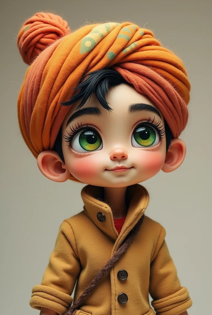 Stuffed boy with turban, green eyes and bushy eyebrows