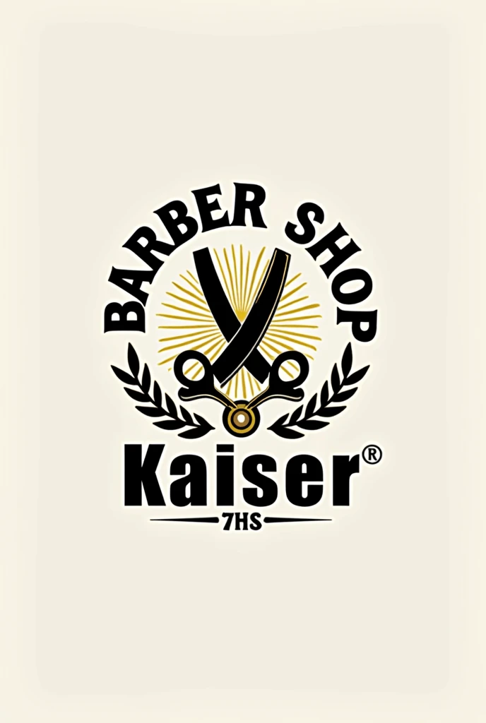 A logo, which is titled Barber Shop Kaiser, that has the golden colors, black and white.
Be very cool, with great modern design