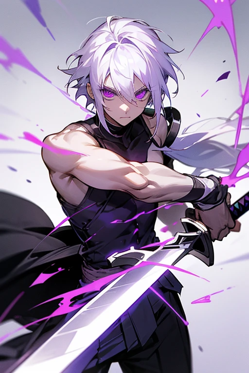 A boy with shoulder-length white hair, purple eyes is a sword white handle purple blade, with black and white clothes that have no sleeves leaving the arms free, he just has the sword in the sheath